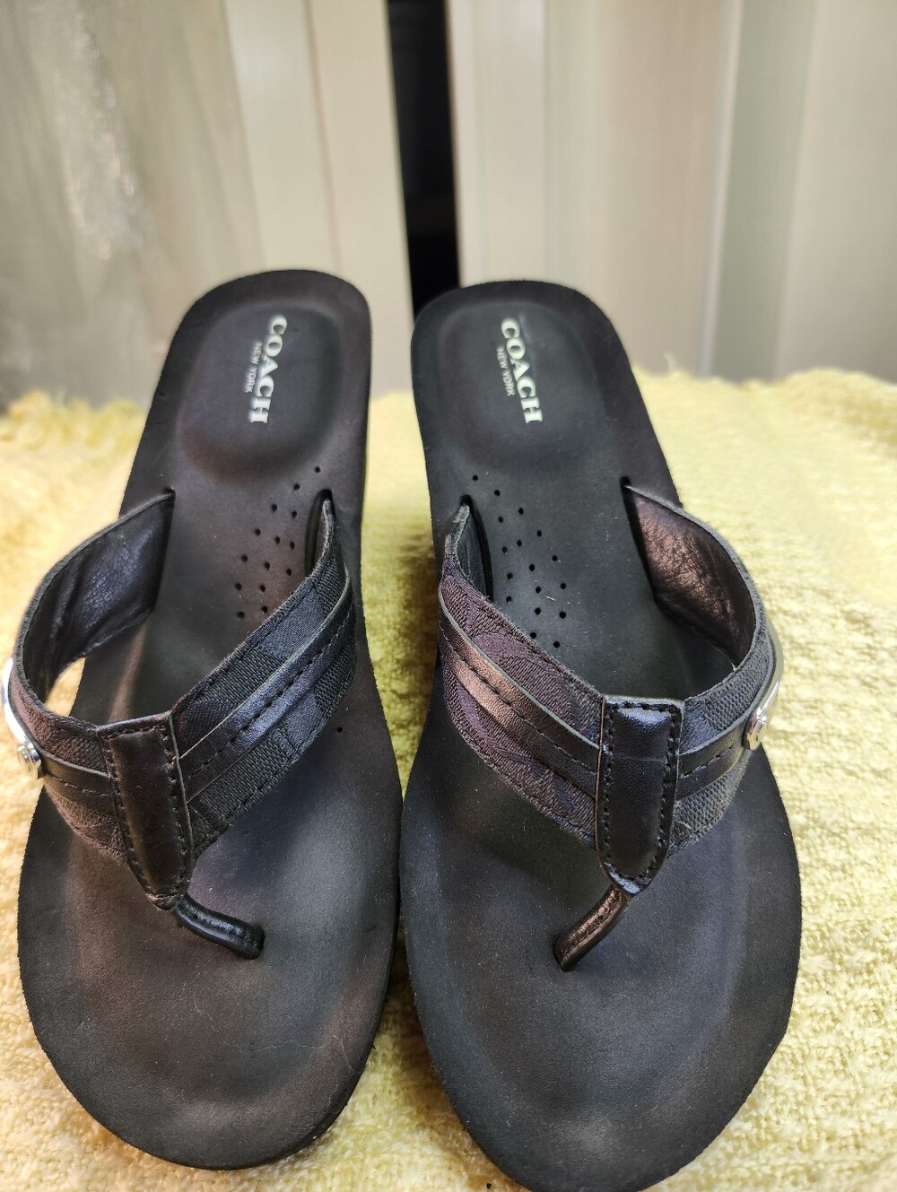 Coach Black Women's Thong Sandals with Leather and Fabric Straps